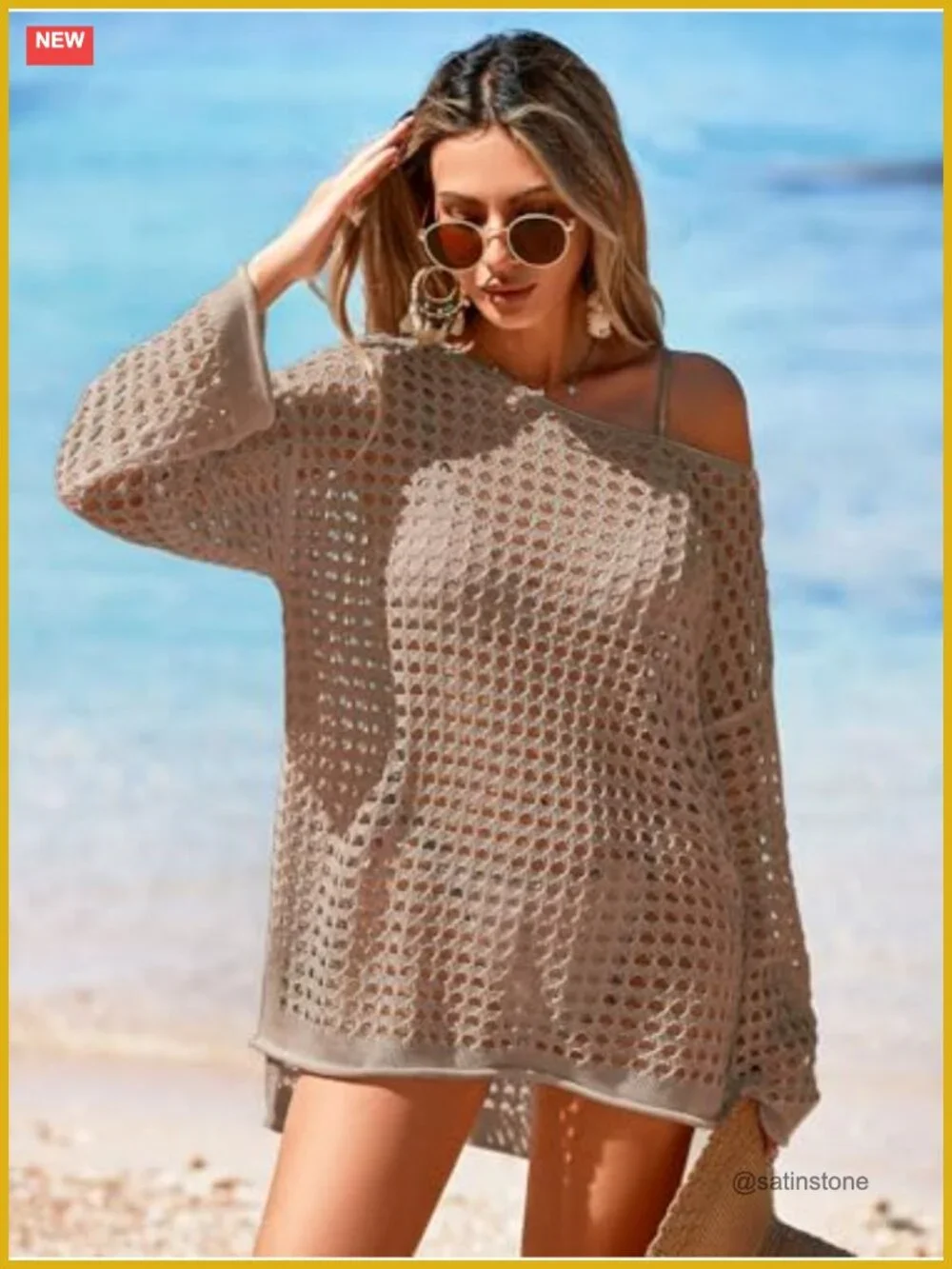 Oversized Crochet Mesh Swimsuit Cover Up Dress Long Bell Sleeve